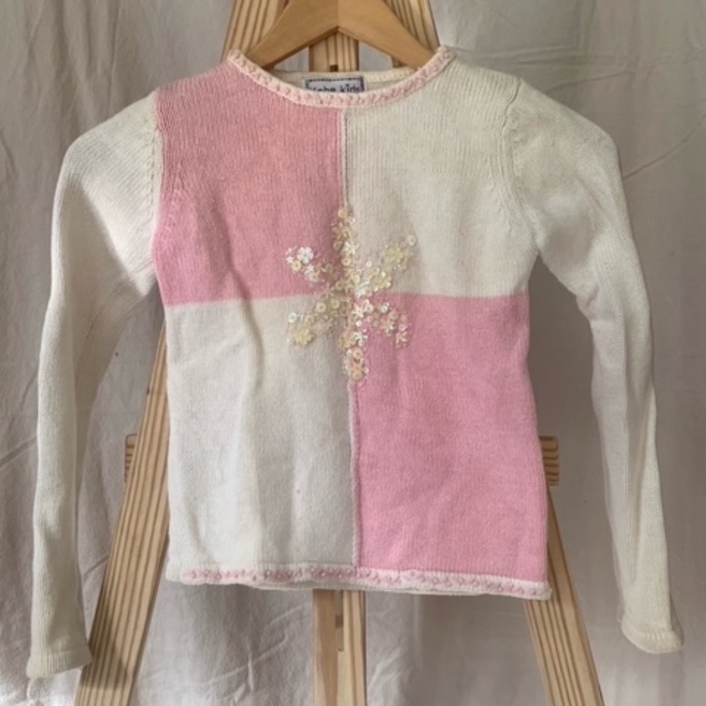 Kobe Kids Pink and White 4-Checker Sweater with Snowflake Design  - L/6X
